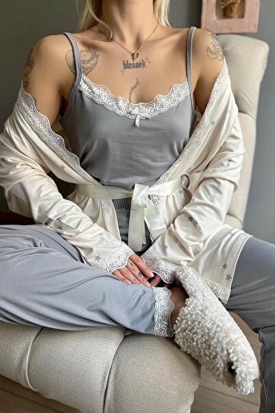 Pijamaevi Krem Gri Yıldız Desenli Bambu Sabahlıklı Kadın Pijama Seti