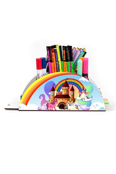kutuTR حامل قلم مكتبي خشبي من سلسلة Vip Rainbow مع منظم مسطرة للأطفال في صندوق