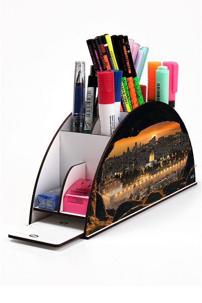 kutuTR Wooden Vip Islam Series Rainbow Ruled Desktop Pen Holder Organizer with Assembled Box