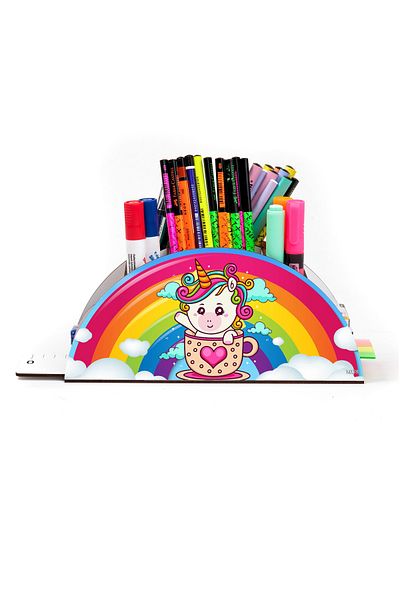 kutuTR حامل قلم مكتبي خشبي من سلسلة Vip Rainbow مع منظم مسطرة للأطفال في صندوق