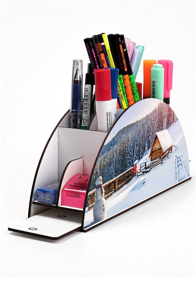 kutuTR Wooden Vip City Series Rainbow Ruled Desktop Pen Holder Organizer with Assembled Box