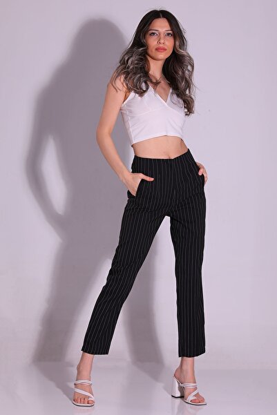 GÜLSELİ Black Women's Striped Style Trousers