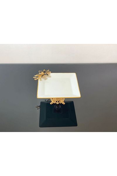 Aymin Kristal Atabey Home Collection-kütahya Porcelain Footed Presentation Bowl Black Flower Square 20 Cm