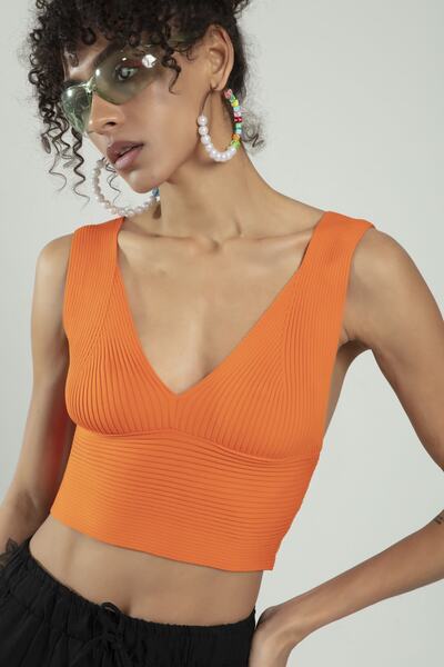 sifu tekstil Turuncu Renkli Kadın Spor Atlet Fitilli Triko Büstiyer Crop Top ...