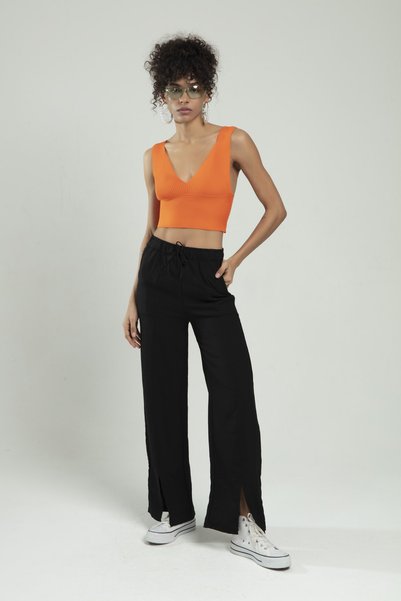 sifu tekstil Orange Colored Women's Sports Athlete Ribbed Knitwear Bustier Crop Top Blouse