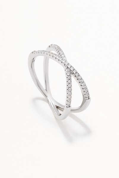 Marie Claire 18 Ayar Beyaz Altın Kaplama Gümüş Sarmal Yüzük Mini Zirkon Taşlı