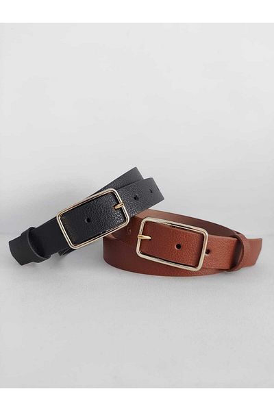 Kemerix Black-tan 2-Piece Women's Belt with Gold Buckle