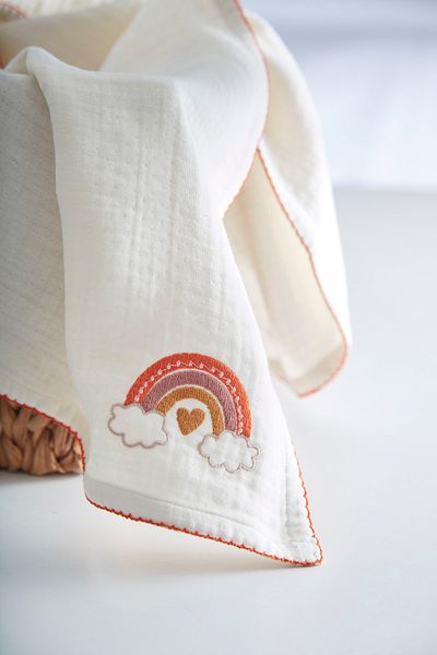 Kirazkids Beige 100% Cotton Striped Hero - Fade Resistant, Embroidered Orange Rainbow, 4-Layer Muslin Blanket