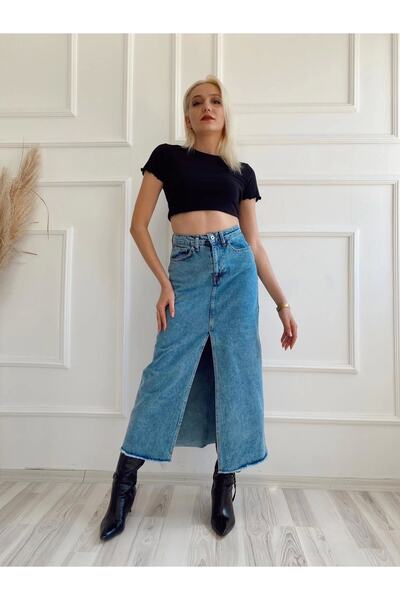 ky butikkk Kadın Önden Yırtmaçlı Denim Etek Buz Mavi