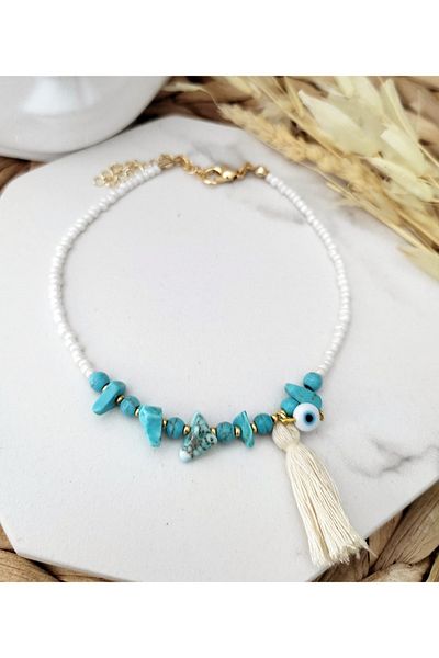 HALHALMILL Ecru Tassel Hanging Evil Eye Beaded Natural Stone Anklet