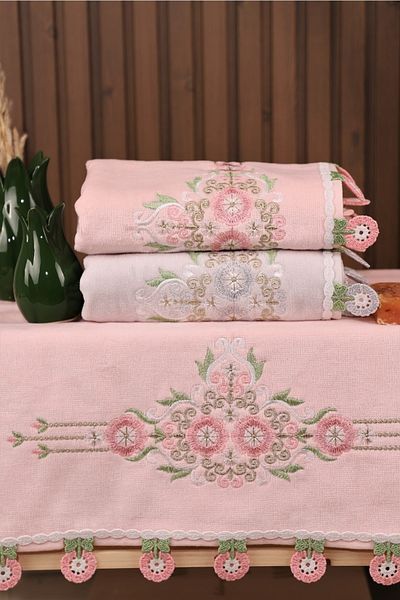 Pidora Textil 3-Piece Velvet Dowry Set with Laced 50*90 Hand and Face Towels