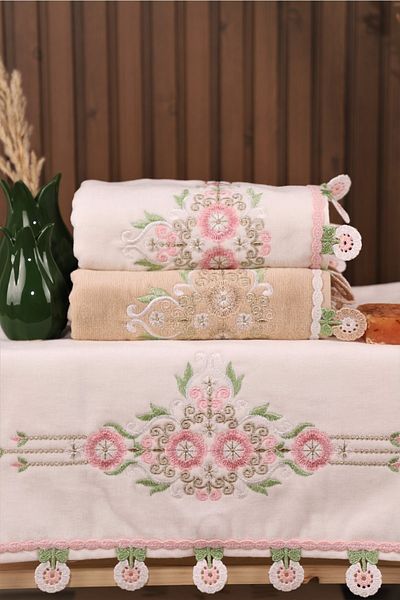 Pidora Textil Σετ 3 βελούδινες πετσέτες προίκας με κορδόνια 50*90