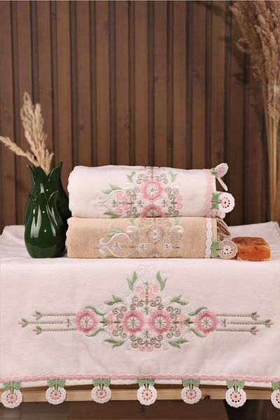 Pidora Textil Σετ 3 βελούδινες πετσέτες προίκας με κορδόνια 50*90