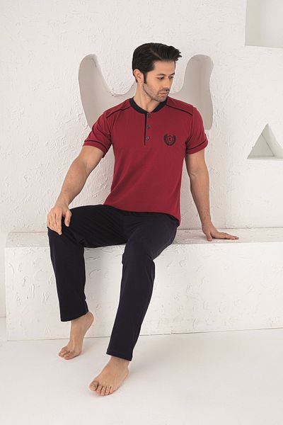 KAPİTEX Short Sleeve Buttoned Collar Pocket Trolley 100% Cotton Men's Pajama Set