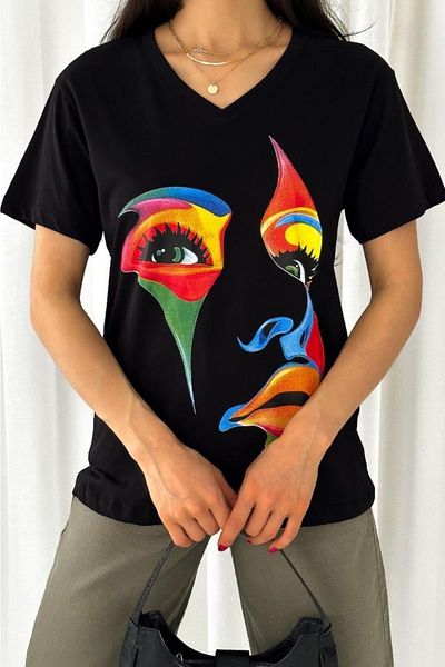 FEMELLE Tricou de damă negru cu decolteu în V imprimat 100% bumbac