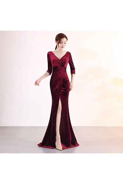 Styling Park Maxi Boy V Yaka Kadife Elbise