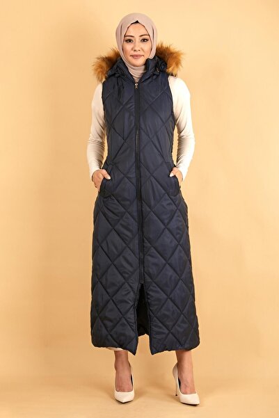 Modamihram Marineblaue gesteppte Pufferweste - Kapuze MİH12255