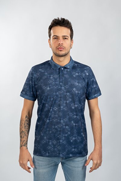 Moda Işık Lacivert Renk Polo Yaka Dijital Baskılı T-shirt