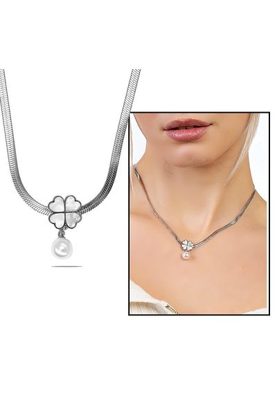 Tesbihane Snake Chain Pearl Stone Clover Leaf Detailed Pearl Natural Stone Combination Women's Necklace