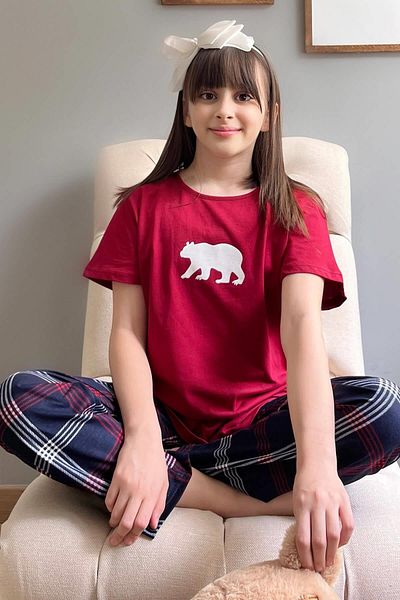 Pijamaevi Claret Red Bear Kurzarm-Mutter-Tochter-Familienpyjama – Kinderset