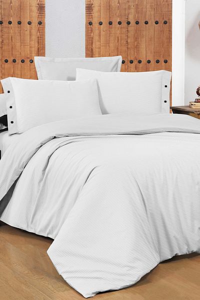 Sarev New Fancy Stripe White Double 100% Cotton Striped Duvet Cover Set