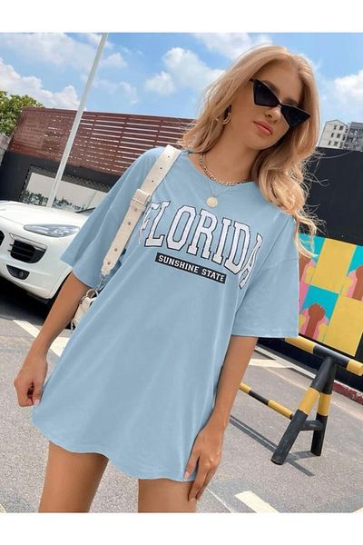 SELENA BUTİK Μπλουζάκι με στάμπα Unisex Florida Oversize Baby Blue