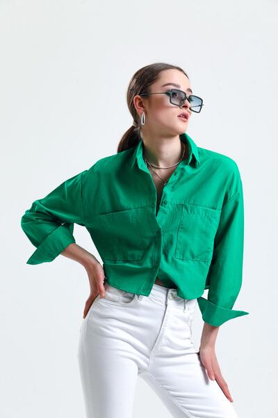 ladyzey Γυναικείο μακρυμάνικο πουκάμισο με διπλή τσέπη με κουμπιά πράσινο Crop