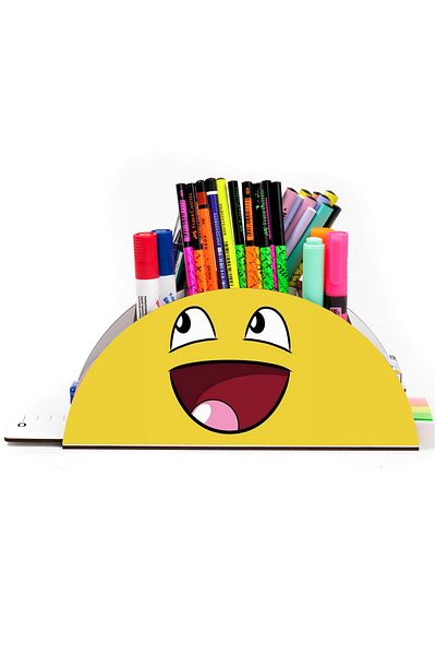 kutuTR حامل أقلام مكتبي خشبي من سلسلة Vip Emoji مع مسطرة بألوان قوس قزح ومنظم للأطفال في صندوق