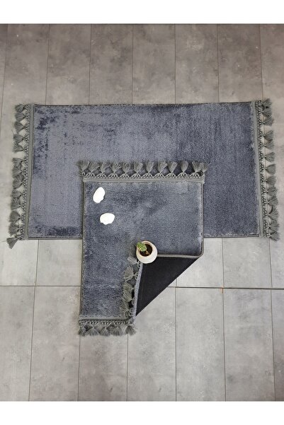 Bonny Home Elite Antrasit Ponpon Saçaklı Peluş 2'li Banyo Paspası Halısı Kaym...