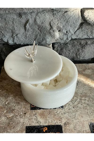 Polen Stone 1st Class White Marble Box / Sugar Bowl / Turkish Delight Bowl with Silver Olive Branch Accessories