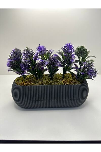 BYSHOME زهرة اصطناعية أرجوانية إبرة صنوبر في وعاء رمادي طويل ديكور طاولة المطبخ والحمام زهرة 21x9x7 سم