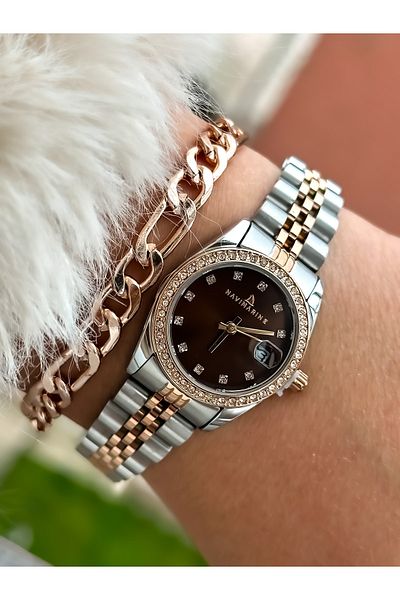 Navimarine Brand Small Case, Steel Strap, Gold Elegant Calendar Women's Wristwatch + bracelet