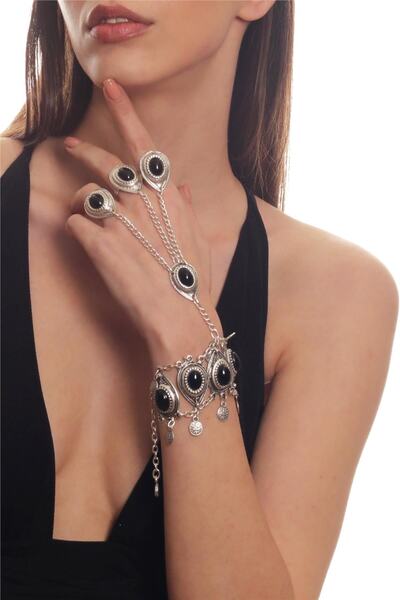 LABALABA Kadın Antik Gümüş Kaplama Siyah Boncuklu Ayarlanabilir 3 Yüzük Detaylı El Şahmeranı