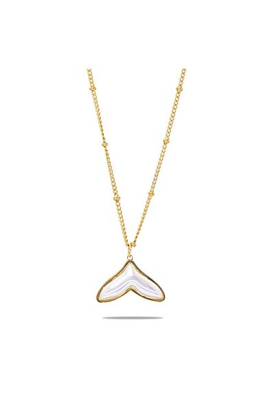 Tesbihane Gold Color Non-Tarnish Metal Chain Whale Tail Design Pearl Natural Stone Combination Women's Necklace