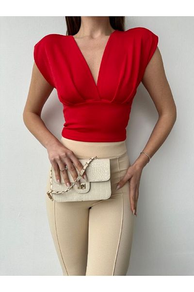 WellWay Imported Crepe V-Neck Padded Blouse Red