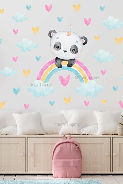 Sticker Ekspres Gökkuşağında Sevimli Panda Ve Kalpler Çocuk Odası Duvar Stick...