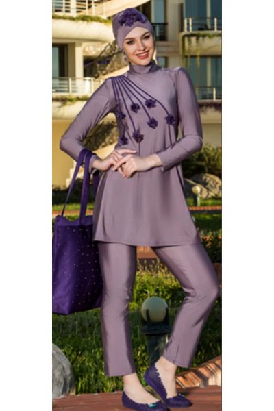 Armes Women's Lilac Tulle Floral Hijab Swimsuit