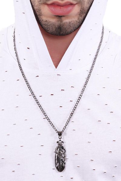 LABALABA Men's Metallic Anthracite Lacquer Plated Gothic Skull & Lucky Feather Symbol Pendant Necklace