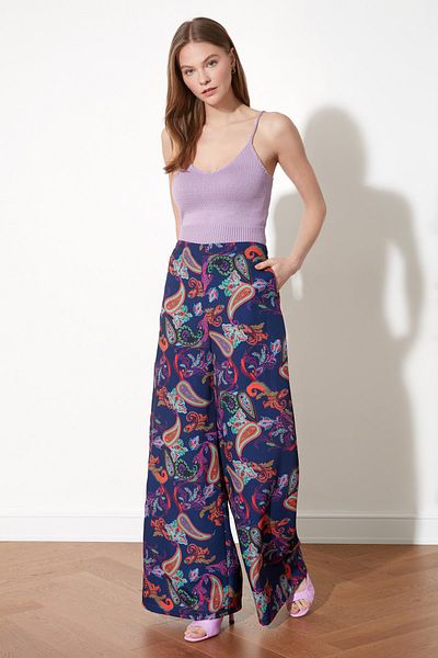 Trendyol Collection Sötétkék mintás széles szárú szőtt nadrág TWOSS19EH0137