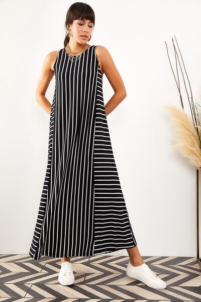 Olalook Dámské černé pruhované dlouhé ležérní šaty ELB-19001075