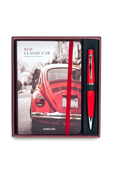 Scrikss Chic 62 Tükenmez Kalem Kırmızı Red Classic Car A6 Çizgili Defter Set
