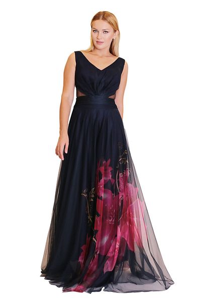 Stradaline Tulle Evening Dress - Flower Detailed and Draped Waist Design