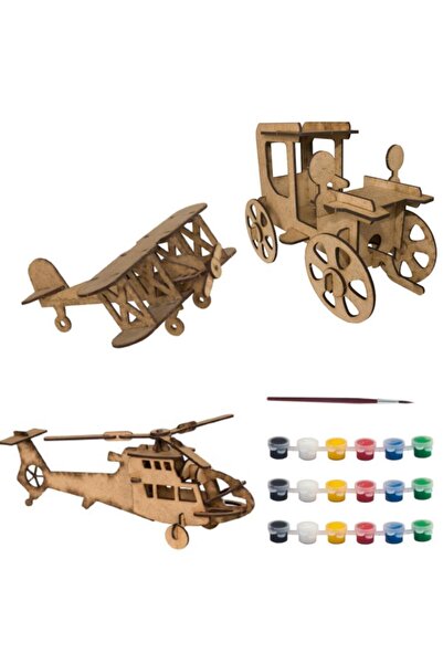 Joy and Toys Jk9 Ahşap Nostalji Araba+helikopter+uçak Boyama Seti Aktivite
