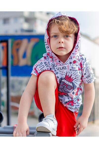 Hilal Akıncı Kids Boy's Red Hooded King Dog Model T-Shirt Shorts Chain Tracksuit Suit B-113