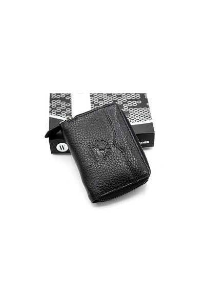 WEST POLO CÜZDAN Θήκη για κάρτες Unisex Μαύρο με φερμουάρ από γνήσιο δέρμα