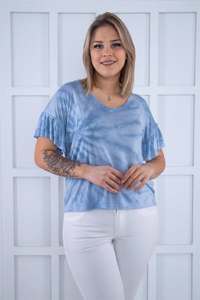 Seamoda Tricou cu decolteu în V cu mâneci cu volane, cu vopsea cravată, albastru