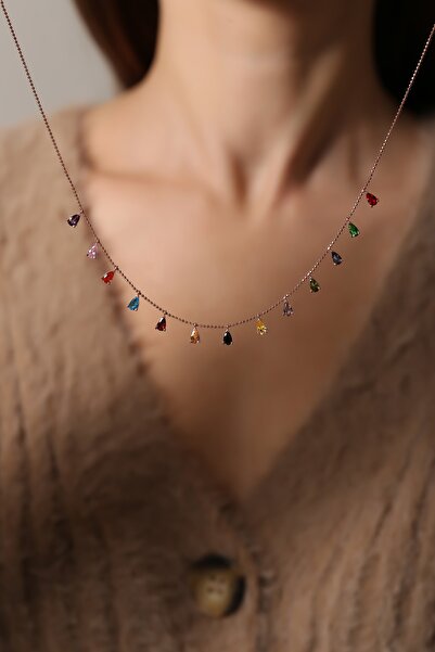 Forenza Kadın 925 Ayar Gümüş Rose Rengarenk Taşlı Damla Sallantılı Kolye