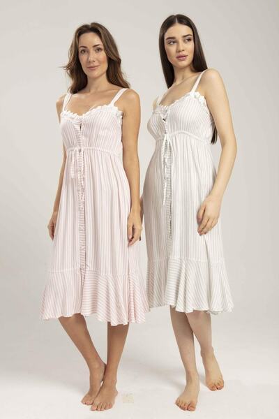 Lohussa Kadın Gri Keten Askılı Düğmeli Yazlık Hamile Lohusa Gecelik