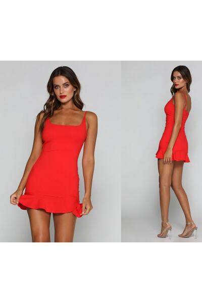 vuvutasarım Women's Stretchy Crepe Fabric Strap Red Evening Dress with Skirt Detail Tkn-501