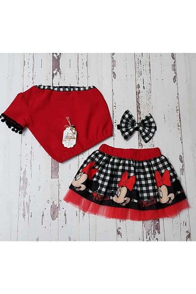 NA ADDESIGN Girl's Red Mickey Mouse Checkered Tulle Skirt Blouse Set